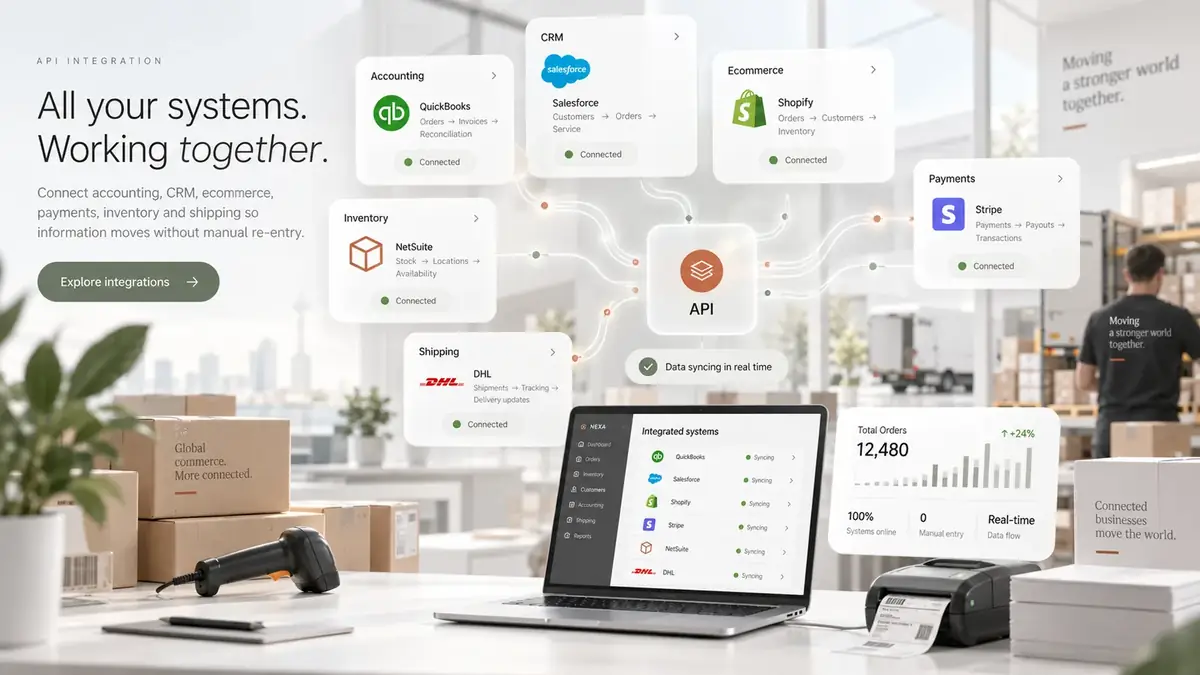 Connected accounting CRM ecommerce payments inventory and shipping systems syncing through one integration layer