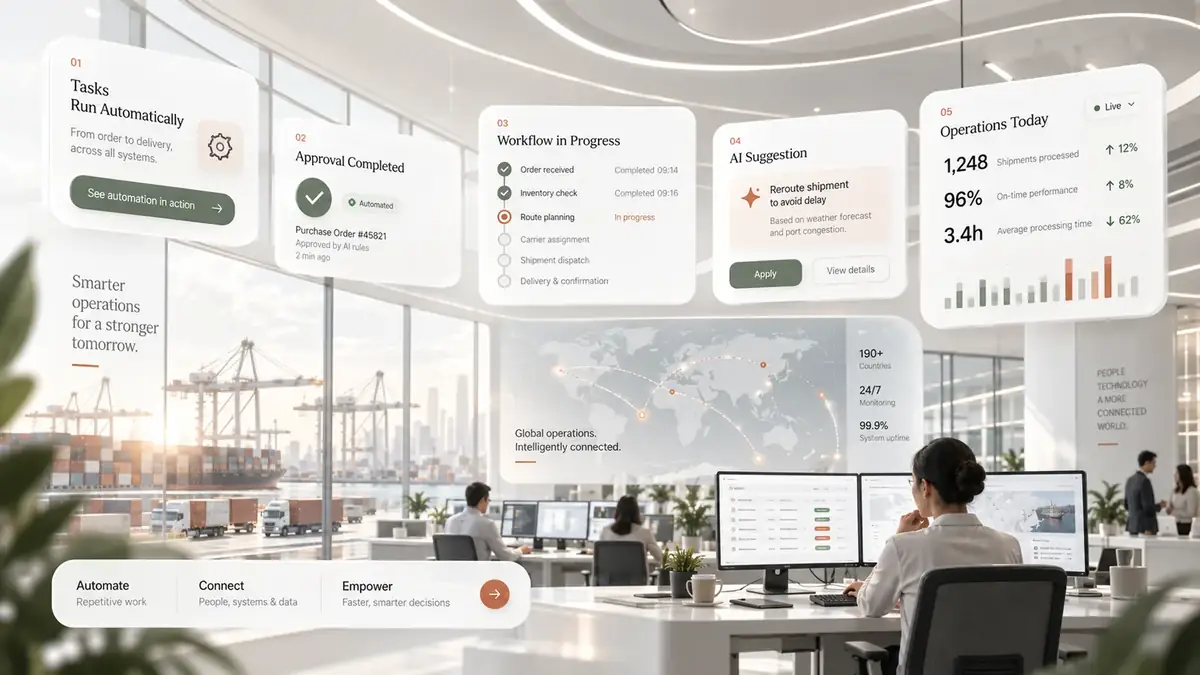 Automation control room with approvals workflow steps AI suggestions alerts and operational visibility