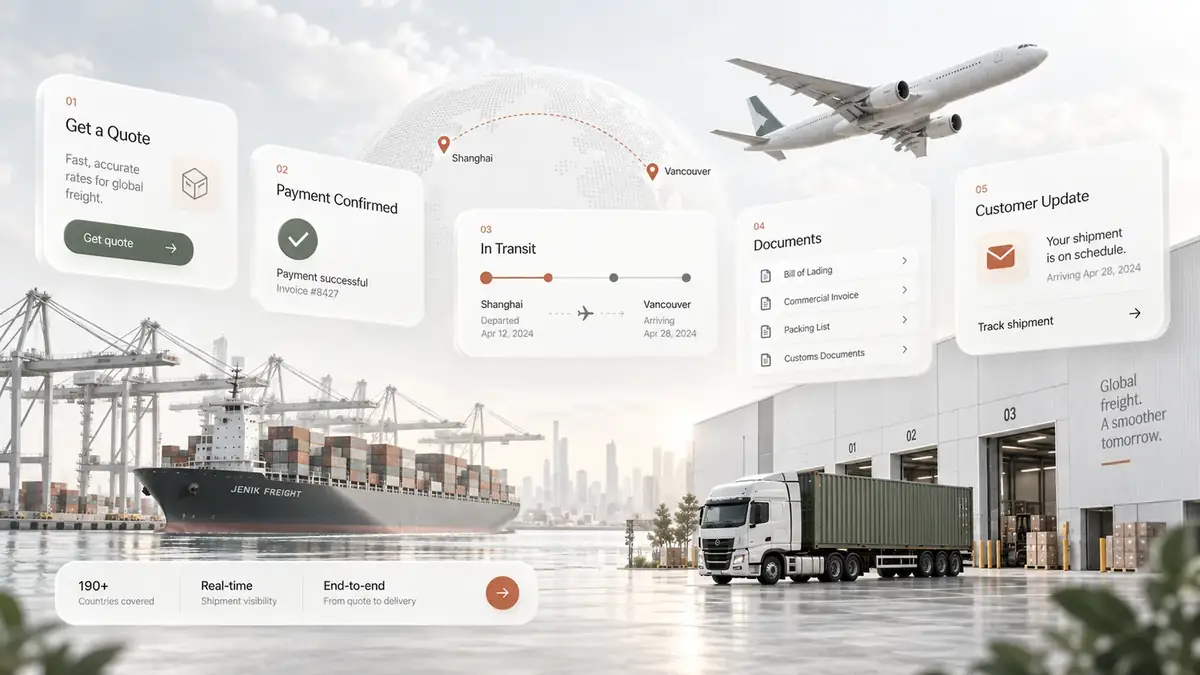 Jenik Freight connected operating flow from enquiry and quote through payment shipment tracking and customer visibility