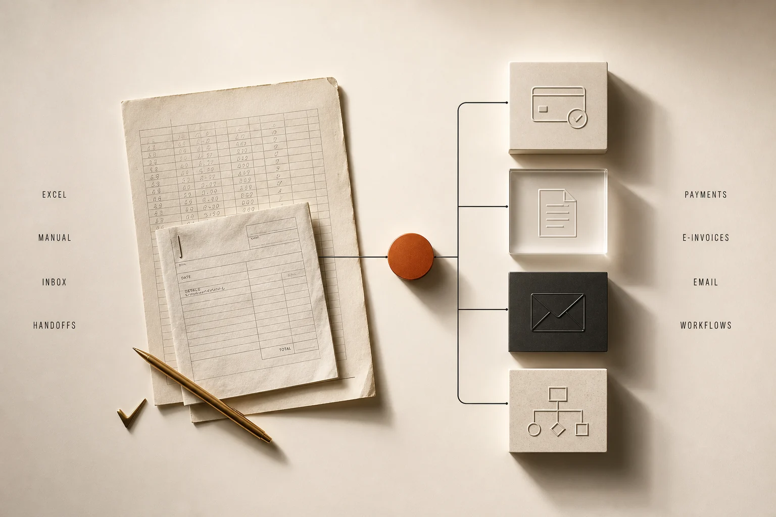Premium editorial illustration showing Excel sheets, manual work, inboxes and handoffs becoming connected payments, e-invoices, email and automated workflows