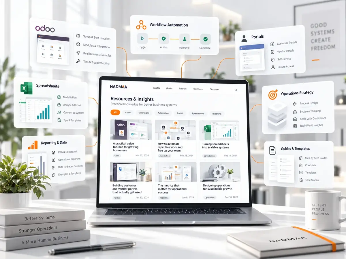 Business systems insights library covering Odoo automation portals spreadsheets reporting and operations strategy