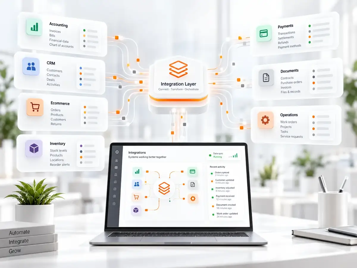 Integration layer connecting accounting CRM ecommerce payments documents inventory and operations