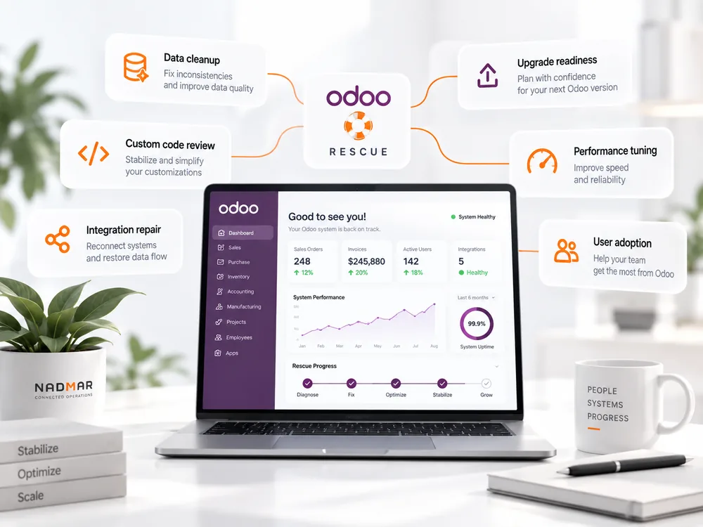 3D Odoo rescue dashboard showing data cleanup, custom code review, integration repair, upgrade readiness, performance tuning and user adoption